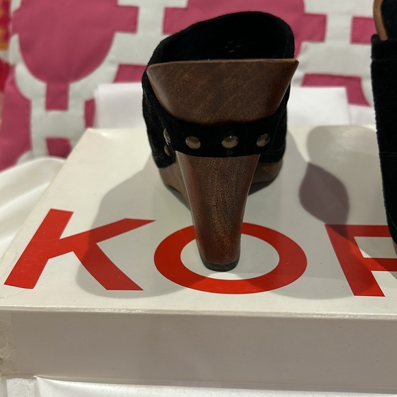 Black Suede Mules With Brass Hardware and Wooden Wedge-sz 9 - Picture 9 of 9